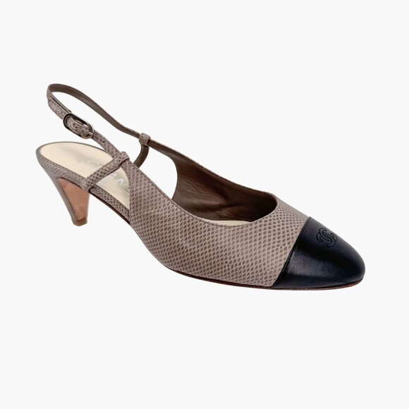 Chanel CC Cap Toe Slingback Kitten Pumps Heels Taupe Leather Size 38 US 7-7.5 - Picture 9 of 16